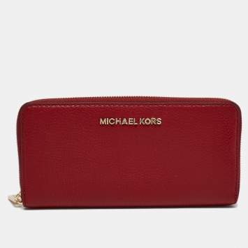 Pre Owned Michael Kors Red Leather Zip Continental Wallet