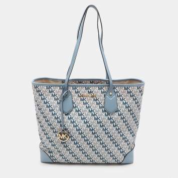 Pre Owned Michael Kors Light Blue/White Signature Coated Canvas and Leather Large Eva Tote