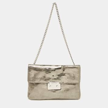 Pre Owned Michael Kors Silver Python Effect Suede Sloan Chain Clutch