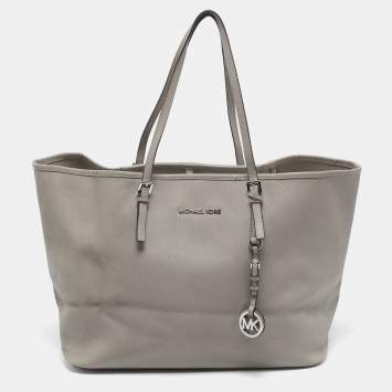 Pre Owned Michael Kors Grey Faux Leather Large Jet Set Travel Tote