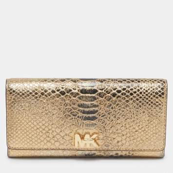 Pre Owned Michael Kors Gold Python Embossed Leather Continental Wallet