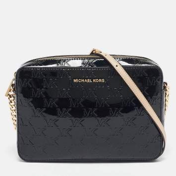 Pre Owned Michael Kors Black Monogram Patent Leather Large Jet Set Crossbody Bag