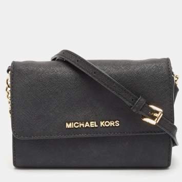 Pre Owned Michael Kors Black Leather Flap Wallet On Chain