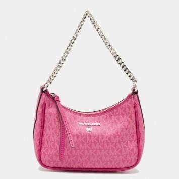 Pre Owned Michael Kors Pink Signature Coated Canvas and Leather Small Jet Set Charm Bag