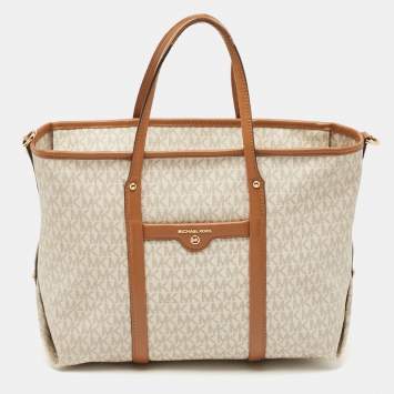 Pre Owned Michael Kors Brown/White Signature Coated Canvas and Leather Beck Tote