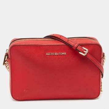 Pre Owned Michael Kors Red Leather Jet Set Camera Crossbody Bag
