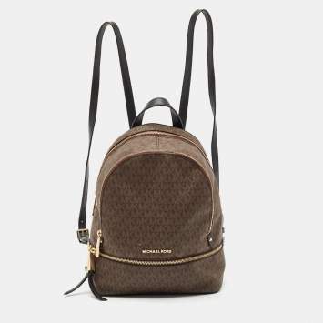 Pre Owned Michael Kors Brown Signature Coated Canvas and Leather Medium Rhea Backpack