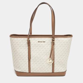 Pre Owned Michael Kors Brown/White Signature Coated Canvas Jet Set Travel Tote