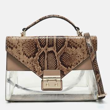Pre Owned Michael Kors Beige Python Embossed Leather and PVC Sloan Top Handle Bag