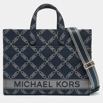 Pre Owned Michael Kors Navy Blue Logo Jacquard Canvas Large GIgi Tote
