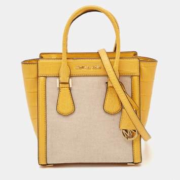 Michael Kors Yellow Canvas and Croc Embossed Leather Colette Tote
