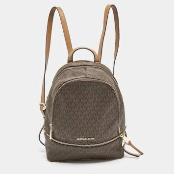 Michael Kors Brown Signature Coated Canvas and Leather Medium Rhea Backpack