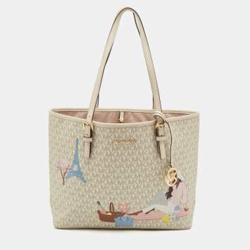 Pre Owned Michael Kors Grey Signature Coated Canvas Medium Printed Jet Set Travel Tote