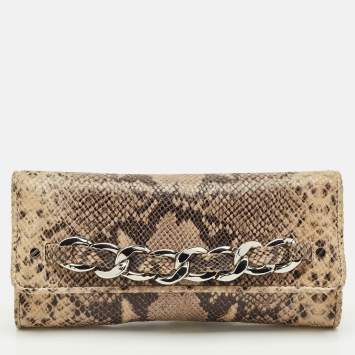 Pre Owned Michael Kors Beige/Black Python Embossed Leather Chain Detail Clutch