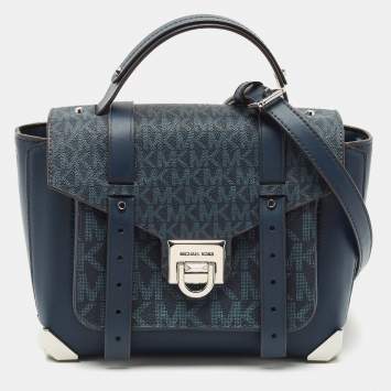 Pre Owned Michael Kors Navy Blue Signature Coated Canvas Medium Manhattan Top Handle Bag