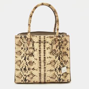Pre Owned Michael Kors Cream Python Embossed Leather Small Mercer Tote
