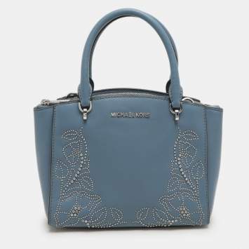 Pre Owned Michael Kors Blue Leather Studded Ellis Satchel