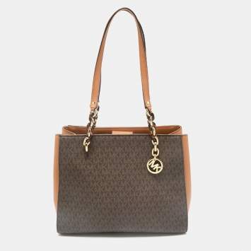 Pre Owned Michael Kors Brown Signature Coated Canvas and Leather Large Sofia Tote