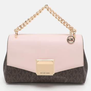 Pre Owned Michael Kors Brown/Pink Signature Coated Canvas And Leather Small Lita Crossbody Bag
