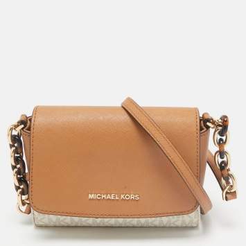 Pre Owned Michael Kors Brown/Vanilla Signature Coated Canvas Crossbody Bag