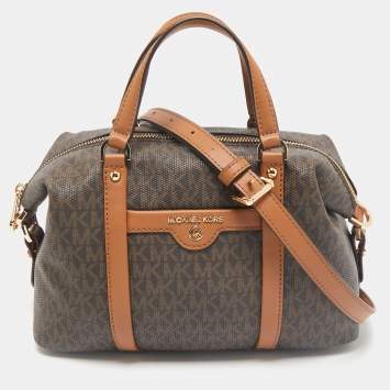 Michael Kors Brown/Tan Signature Coated Canvas and Leather Beck Satchel