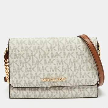 Pre Owned Michael Kors White/Brown Signature Coated Canvas and Leather Jet Set Phone Crossbody Bag