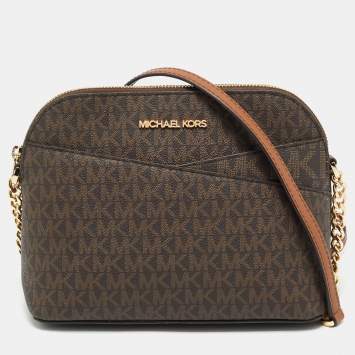 Pre Owned Michael Kors Brown Signature Coated Canvas and Leather Jet Set Travel Crossbody Bag