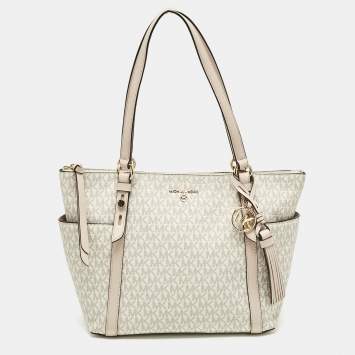 Pre Owned Michael Kors White/Pink Signature Coated Canvas Medium Sullivan Tote
