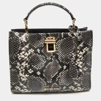Pre Owned Michael Kors Black/White Snakeskin Embossed Leather Penelope Top Handle Bag