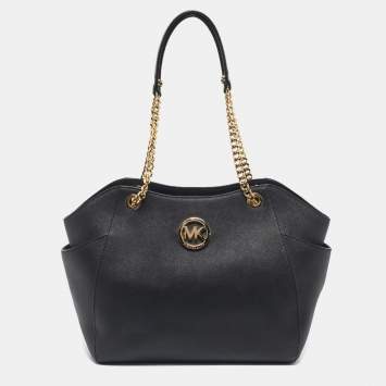 Pre Owned Michael Kors Black Leather Jet Set Travel Chain Tote