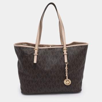 Pre Owned Michael Kors Brown Signature Coated Canvas Jet Set Travel Tote