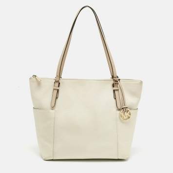 Pre Owned MICHAEL Michael Kors Off White/Beige Leather Jet Set East West Tote
