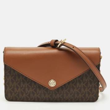 Michael Kors Brown Signature Coated Canvas and Leather Envelope Wallet on Strap