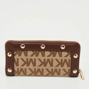 Pre Owned Michael Kors Beige/Dark Brown Signature Canvas and Leather Zip Around Wallet
