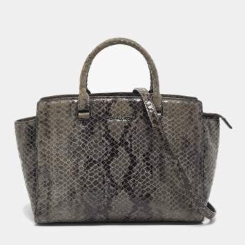 Pre Owned Michael Kors Grey Python Effect Leather Large Selma Tote