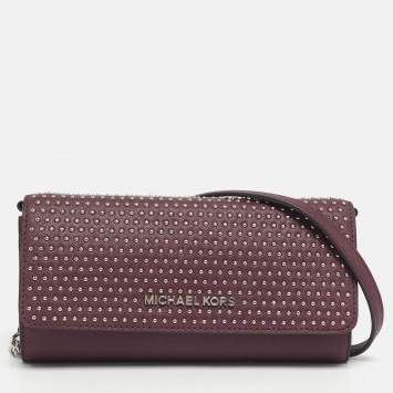 Pre Owned Michael Kors Plum Leather Studded Flap Wallet On Chain