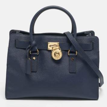 Pre Owned Michael Kors Navy Blue Leather East/West Hamilton Tote