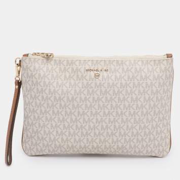 Pre Owned Michael Kors Cream/Brown Coated Canvas and Leather Slater 2-in-1 Wristlet Clutch