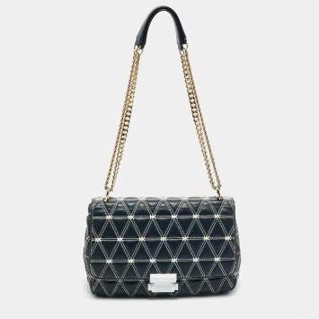Pre Owned Michael Kors Navy Blue Quilted Leather Large Sloan Logo Studded Shoulder Bag