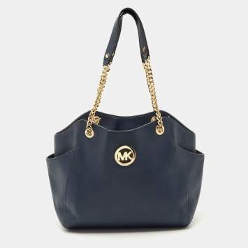 Pre Owned Michael Kors Navy Blue Leather Jet Set Travel Chain Tote