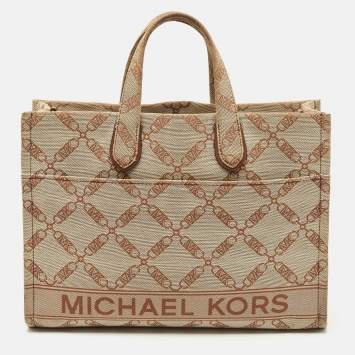Pre Owned Michael Kors Beige/Brown Logo Jacquard Canvas Large GIgi Tote