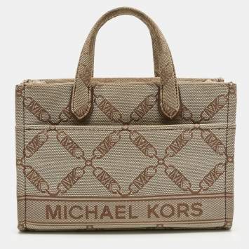 Pre Owned Michael Kors Beige Empire Logo Jacquard Canvas Small Gigi Tote