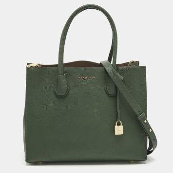 Pre Owned Michael Kors Green Leather Large Mercer Tote