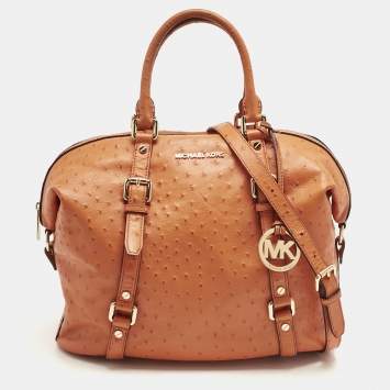 Pre Owned Michael Kors Orange Ostrich Embossed Leather Bedford Belted Satchel