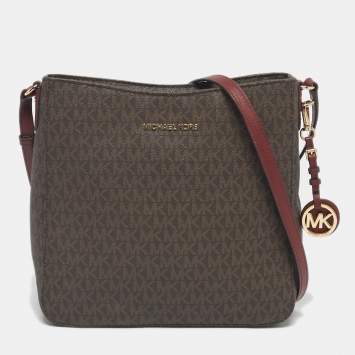 Pre Owned Michael Kors Burgundy/Brown Signature Coated Canvas and Leather Jet Set Travel Messenger Bag