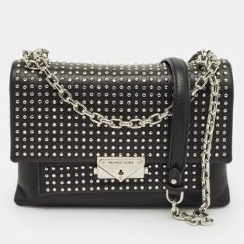 Pre Owned Michael Kors Black Leather Studded Cece Top Handle Bag