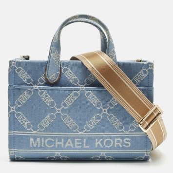 Pre Owned Michael Kors Blue/Beige Empire Logo Jacquard Canvas Small Gigi Tote