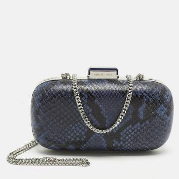 Pre Owned Michael Kors Blue/Black Python Embossed Leather Elsie Dome Chain Clutch
