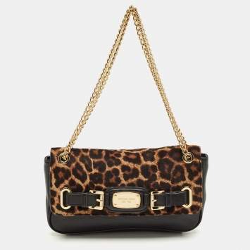 Pre Owned Michael Kors Black/Brown Leopard Print Calfhair and Leather Small Hamilton Flap Shoulder Bag