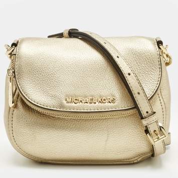 Pre Owned Michael Kors Gold Leather Bedford Flap Crossbody Bag